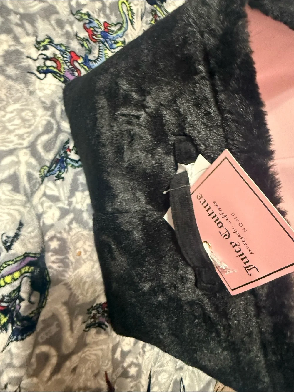 Juicy Couture Black Faux Fur Pouch with Pink and Cream Embroidery
